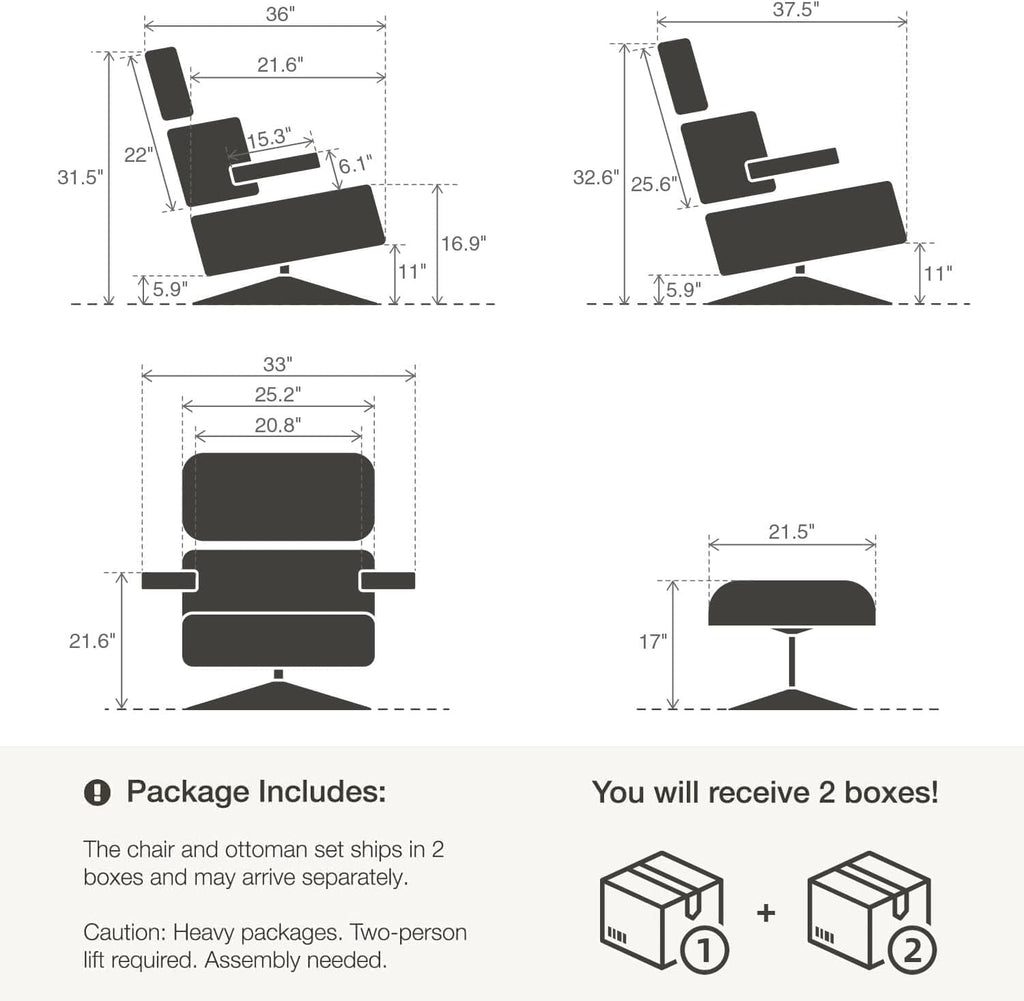 Top Grain Leather, Mid Century Chaise Lounge Chair and Ottoman, Reading Chair, Accent Chair, Modern Classic Chair, Heavy Duty Base Support for Living Room Lounge Office, Walnut-Brown, Heightening