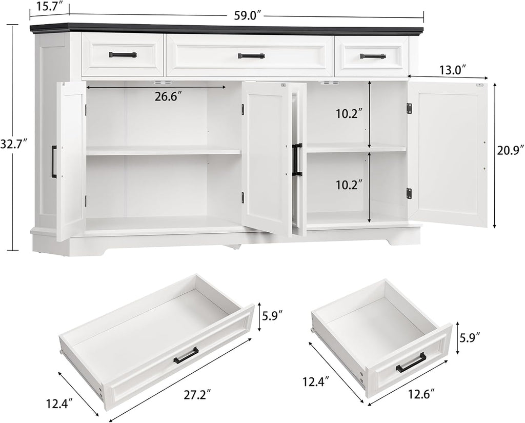 usikey 59” Large Buffet Cabinet with 4 Doors and 3 Drawers, Buffet Sideboard Cabinet with Storage and 2 Adjustable Shelves, Coffee Bar, Wine Bar for Living Room, White