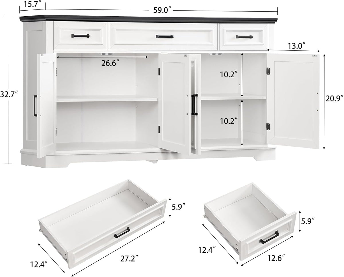 usikey 59” Large Buffet Cabinet with 4 Doors and 3 Drawers, Buffet Sideboard Cabinet with Storage and 2 Adjustable Shelves, Coffee Bar, Wine Bar for Living Room, White