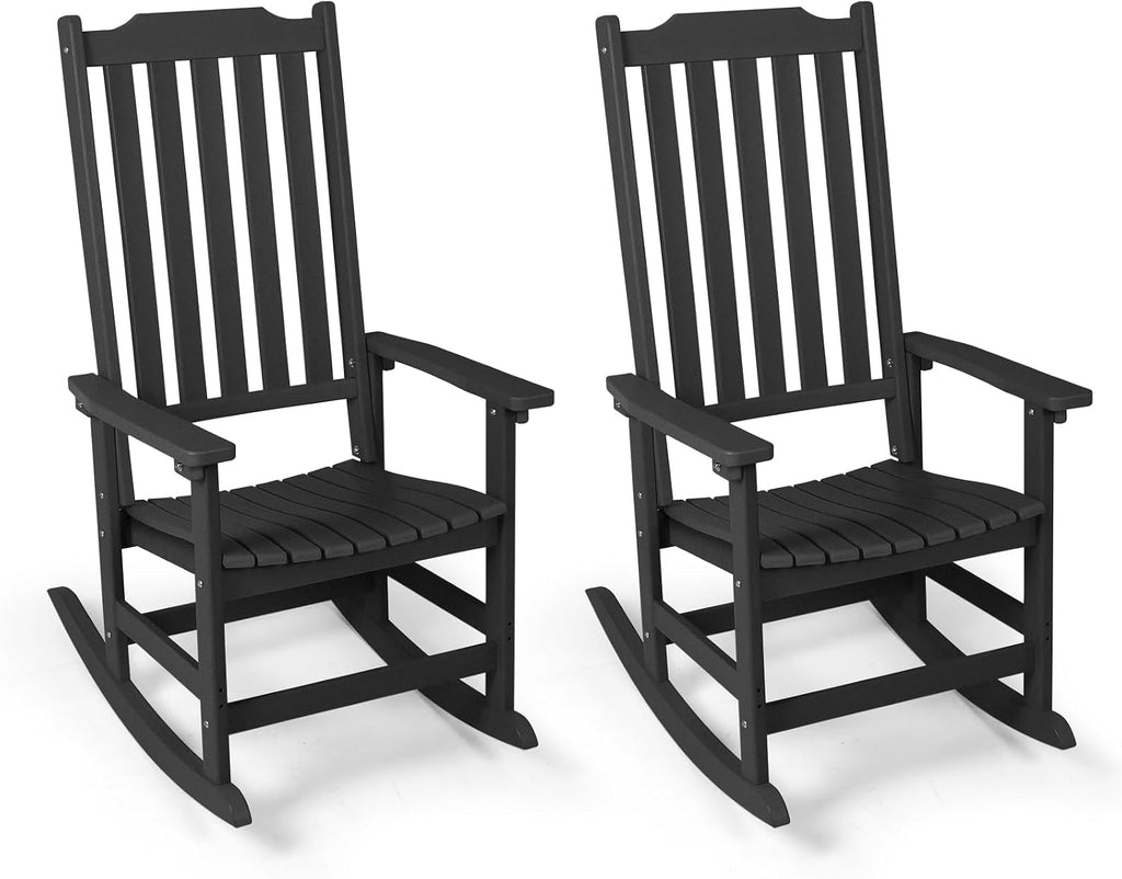 Oversized All-Weather Outdoor Rocking Chairs Set of 2, Patio Rocker | Ergonomic Curved Slat High Back, Smooth Rocking, Tall Seat Relieves Calf, Holds 380lbs, Fade Crack Resistant & Easy to Clean