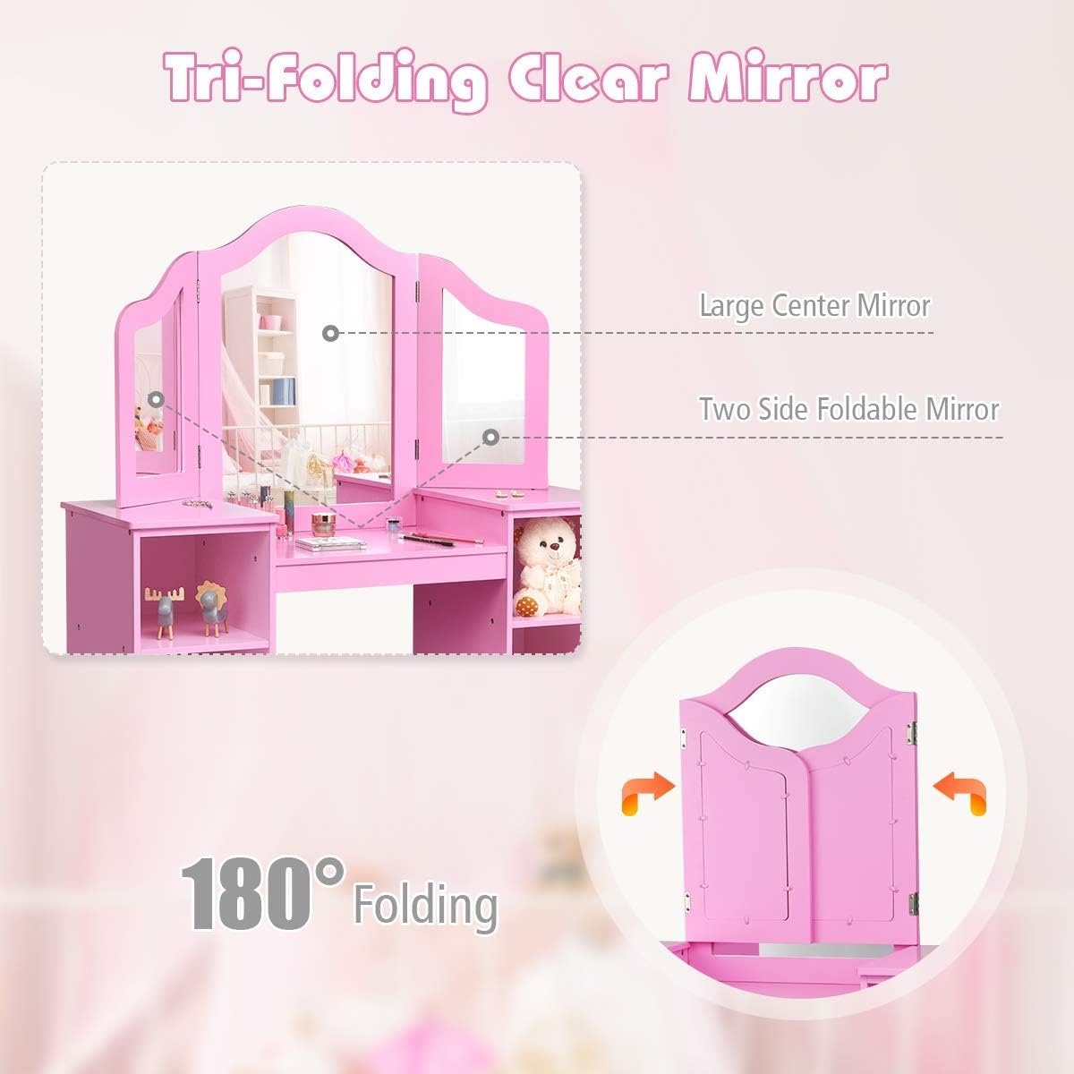 Costzon Kids Vanity, 2 in 1 Princess Makeup Desk Dressing Table with Detachable Top, Toddler Vanity with Tri-fold Mirror & Storage Shelves, Vanity Set for Little Girls, Pink