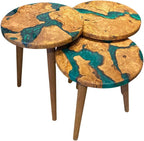 3-Piece Round Nesting Side Table Set 15.7 in Diameter | Olive Wood & Green Epoxy | Modern Scandinavian Style | Wood Grain | Durable & Easy Easy to Wipe | GÖKÇESAN MOBİLYA - Olive Green