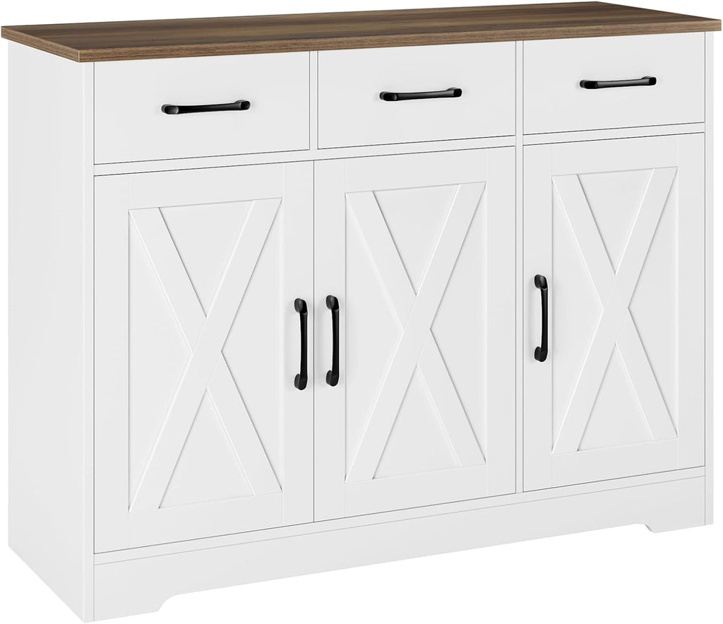 HOSTACK Kitchen Buffet Cabinet with Storage, Sideboard Coffee Bar, White | Farmhouse Kitchen Storage Cabinet with 3 Drawers & Adjustable Shelf, 42.5"W Buffet Table for Dining Living Room