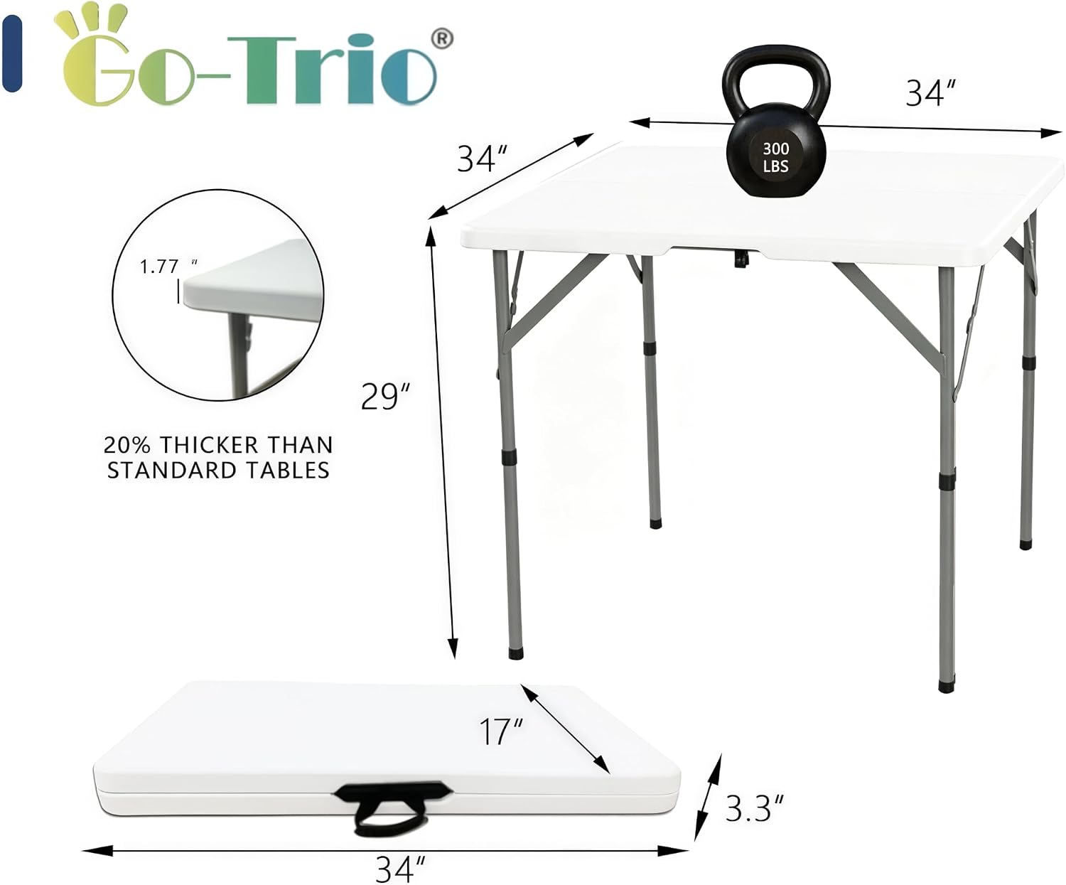 34" Square Folding Card Table, 3ft Foldable Portable Plastic Table | 3 foot Adjustable Height, Indoor Outdoor, White HDPE, Heavy Duty, Camping, Dining for Party, Picnic, Game, Mahjong, Puzzle