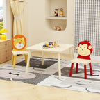Kids Table and 2 Chairs Set, 3 Pieces Toddler Table and Chair Set, Wooden Activity Play Table Set (Lion&Monkey) (Yellow + Red)