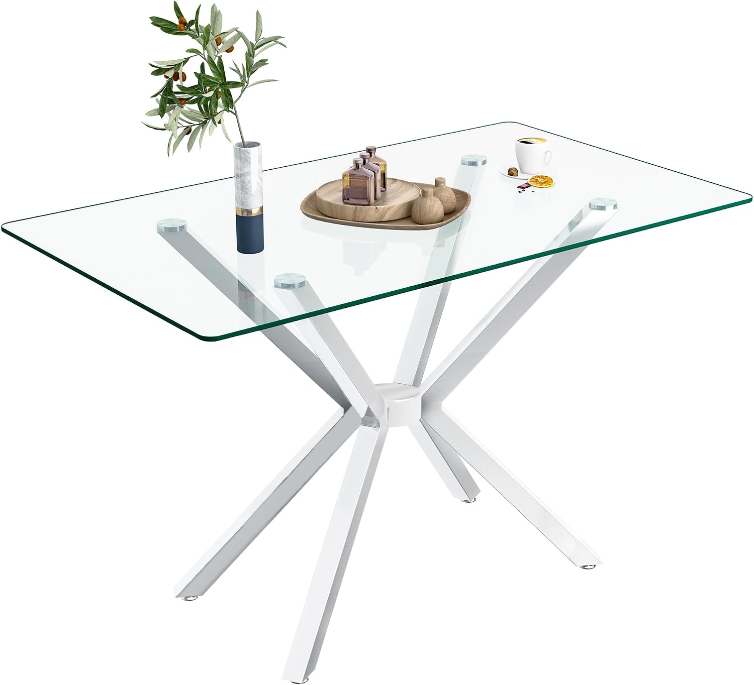 51.18" Rectangular Glass Dining Table, Tempered Glass Kitchen Tabe with Metal Legs, Stylish and Sturdy Dinner Table for Home and Outdoor Dining (Silver, 47.24")