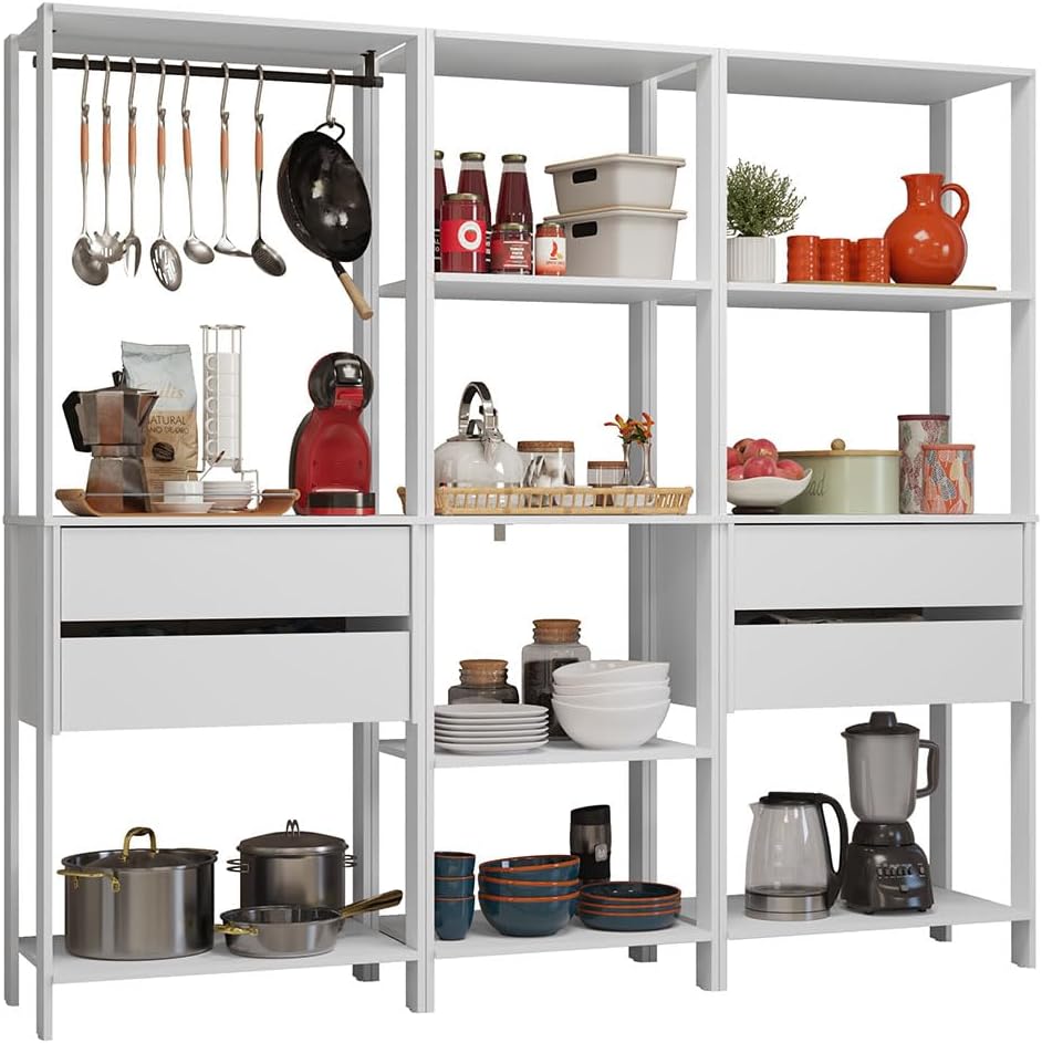 Madesa Kitchen Pantry Storage Rack with 4 Drawers, Open Shelves and Hanging Space 78" L Multiuse Modular Cabinet for Kitchen Organization - White