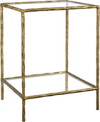 BEGINS Hand Forged Side Table 2 Tier, Vintage End Table Glass Top Coffee Table, Accent Table with Solid Hammered Frame, Suitable for Living Room, Bedroom, Study Room, Entryway (Gold, Square)