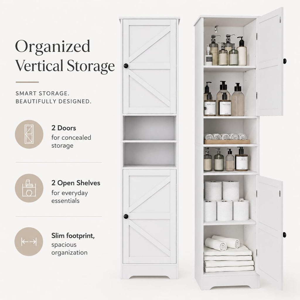 Viaozutis Tall Bathroom Storage Cabinet, Slim Freestanding Cabinet with Adjustable Shelves, Vertical Storage Organizer for Small Bathrooms, Toilet Paper & Daily Essentials Storage（White）
