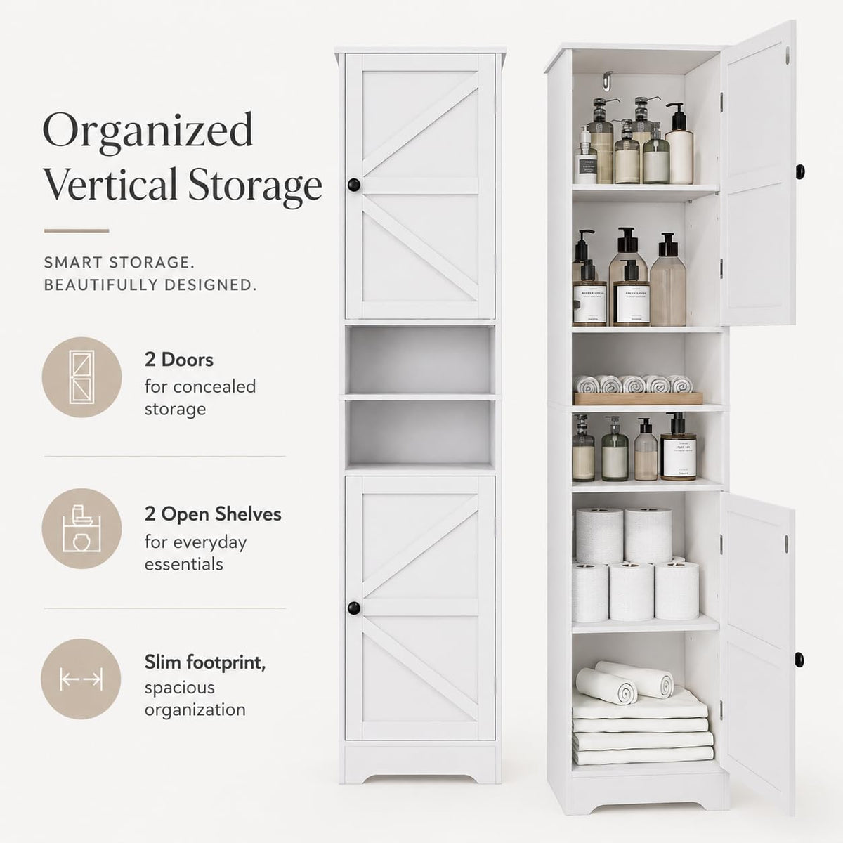 Viaozutis Tall Bathroom Storage Cabinet, Slim Freestanding Cabinet with Adjustable Shelves, Vertical Storage Organizer for Small Bathrooms, Toilet Paper & Daily Essentials Storage（White）
