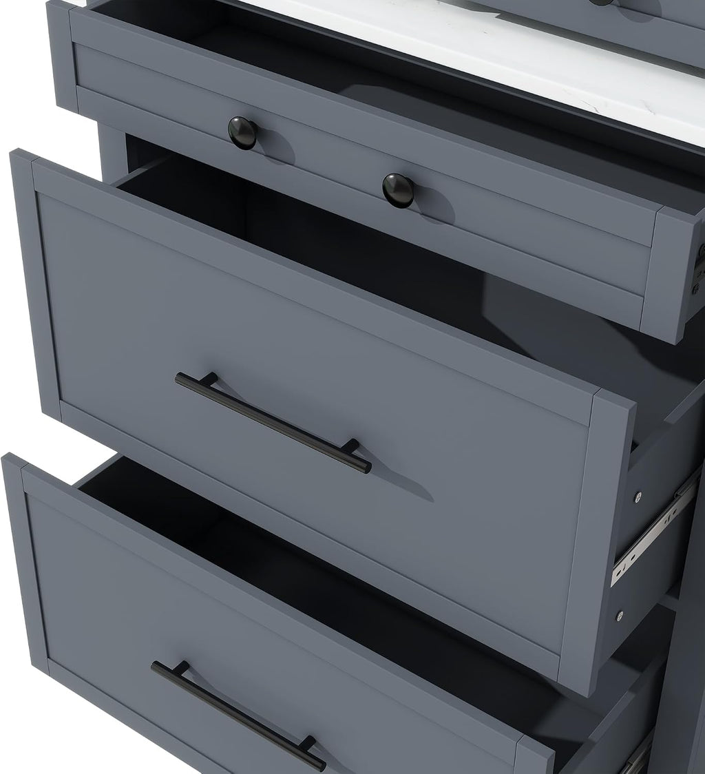 83.7Inch Tall Kitchen Pantry Cabinet, Freestanding Kitchen Pantry with Faux Marble Top, Corner Cabinet with 5 Storage Drawers and Adjustable Shelf, Gray