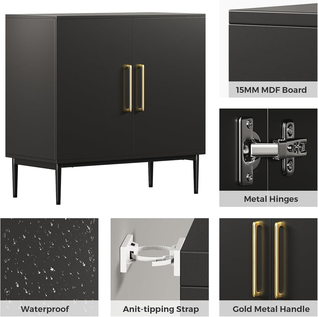Black Storage Cabinet with Doors, Modern Accent Cabinet, Free Standing Cabinet with Adjustable Shelf, Wooden Buffet Sideboards for Living Room, Kitchen, Dining Room, Entryway