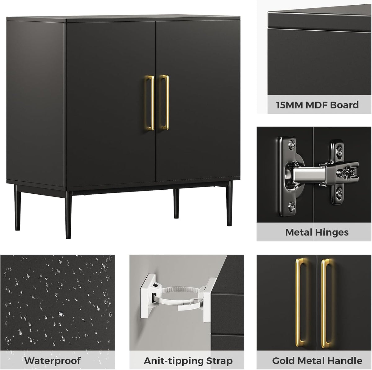 Black Storage Cabinet with Doors, Modern Accent Cabinet, Free Standing Cabinet with Adjustable Shelf, Wooden Buffet Sideboards for Living Room, Kitchen, Dining Room, Entryway