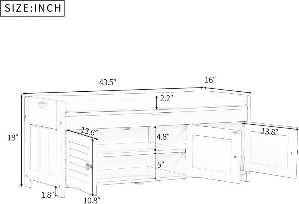 Storage Bench with 3 Shutter-Shaped Doors, Wood Shoe Bench with Removable Cushion and Hidden Storage Space for Entryway, Living Room, Hallway 43.5" L*16" W*18" H Antique Navy