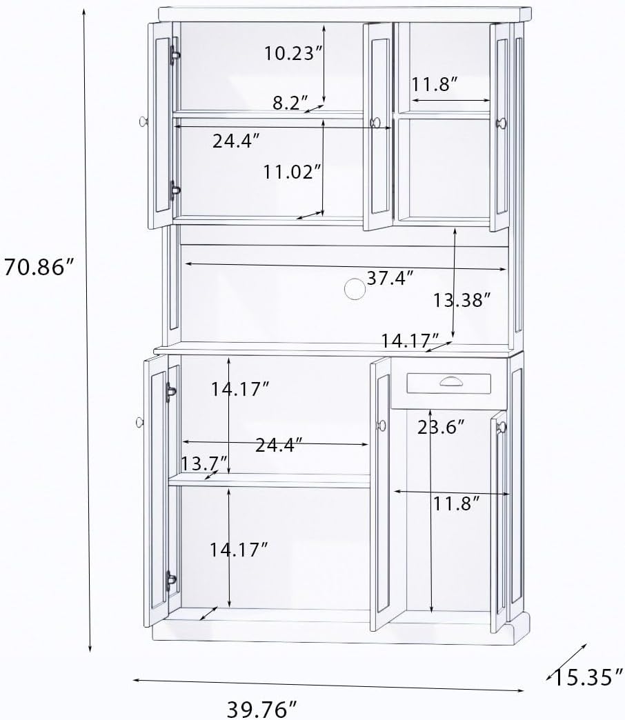 71" Kitchen Pantry Storage Cabinet with Microwave Shelf, Modern Freestanding Hutch with Adjustable Shelves, 6 Doors and Drawer, Wood Countertop for Kitchen, Dining Room, White