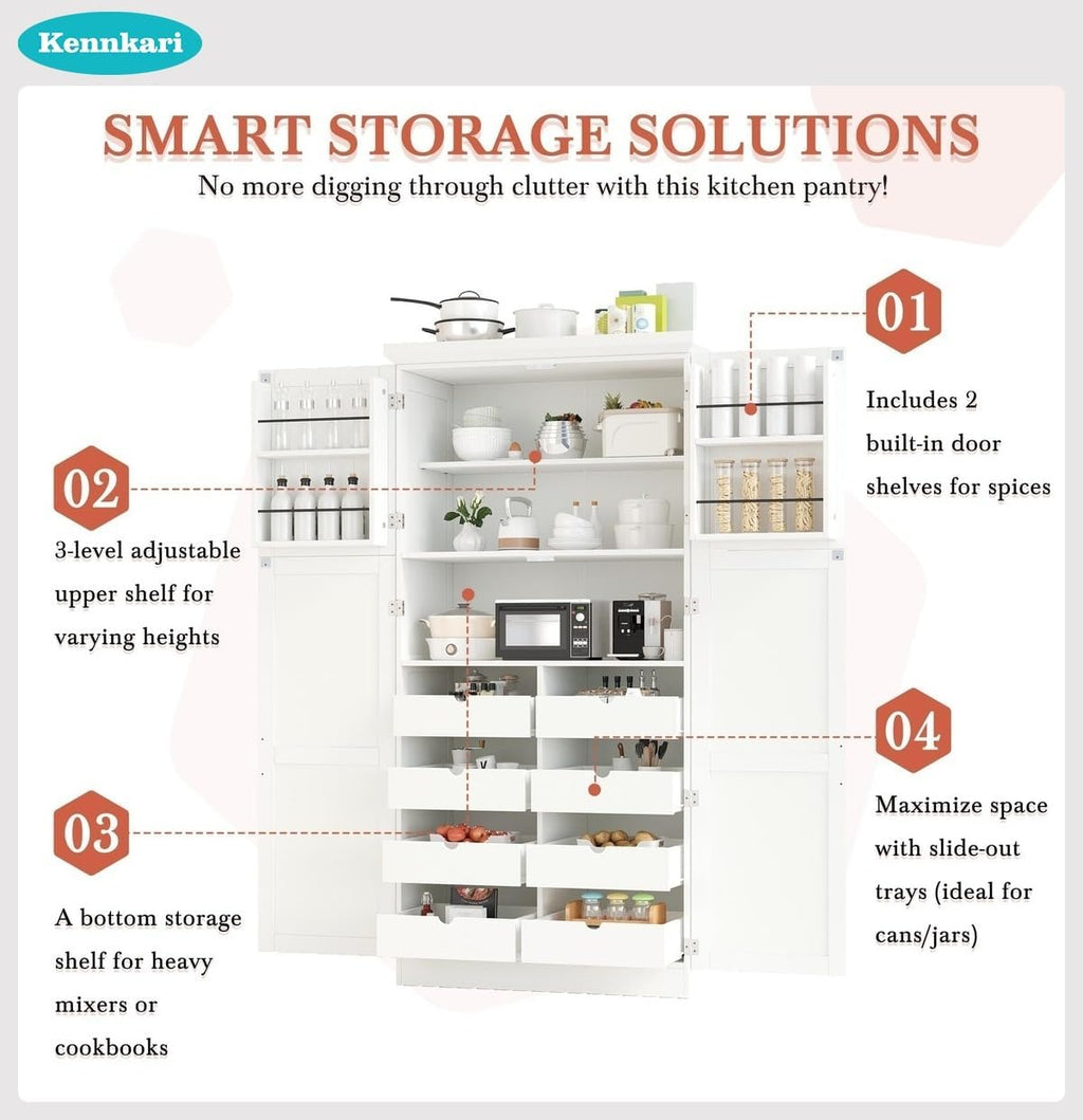 Freestanding Kitchen Pantry Cabinet with 8 Pullout Trays, Tall Storage Organizer with 4 Doors and Adjustable Shelves for Dining Room, Shaker Style (White)