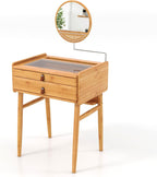 COSTWAY Bamboo Vanity Desk with Adjustable Round Mirror and 2 Drawers | Makeup Vanity Set w/ Tabletop Storage Compartment & Tempered Glass Tabletop, Small Bedroom Dressing Table for Adult Teens