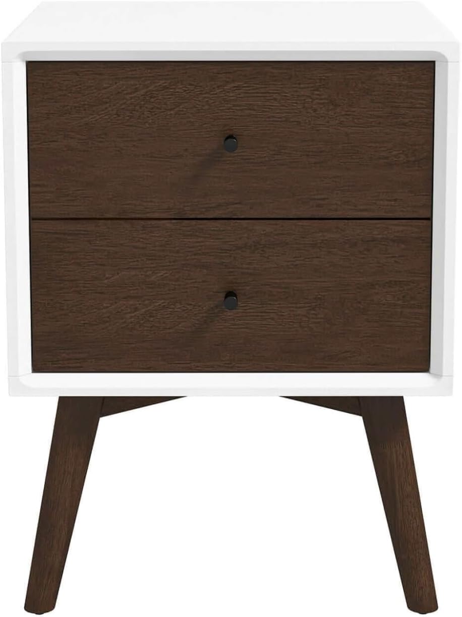 Mid Century Modern Style 2-Drawer White Night Stand Solid Wood 23.6" H,for Small Spaces
