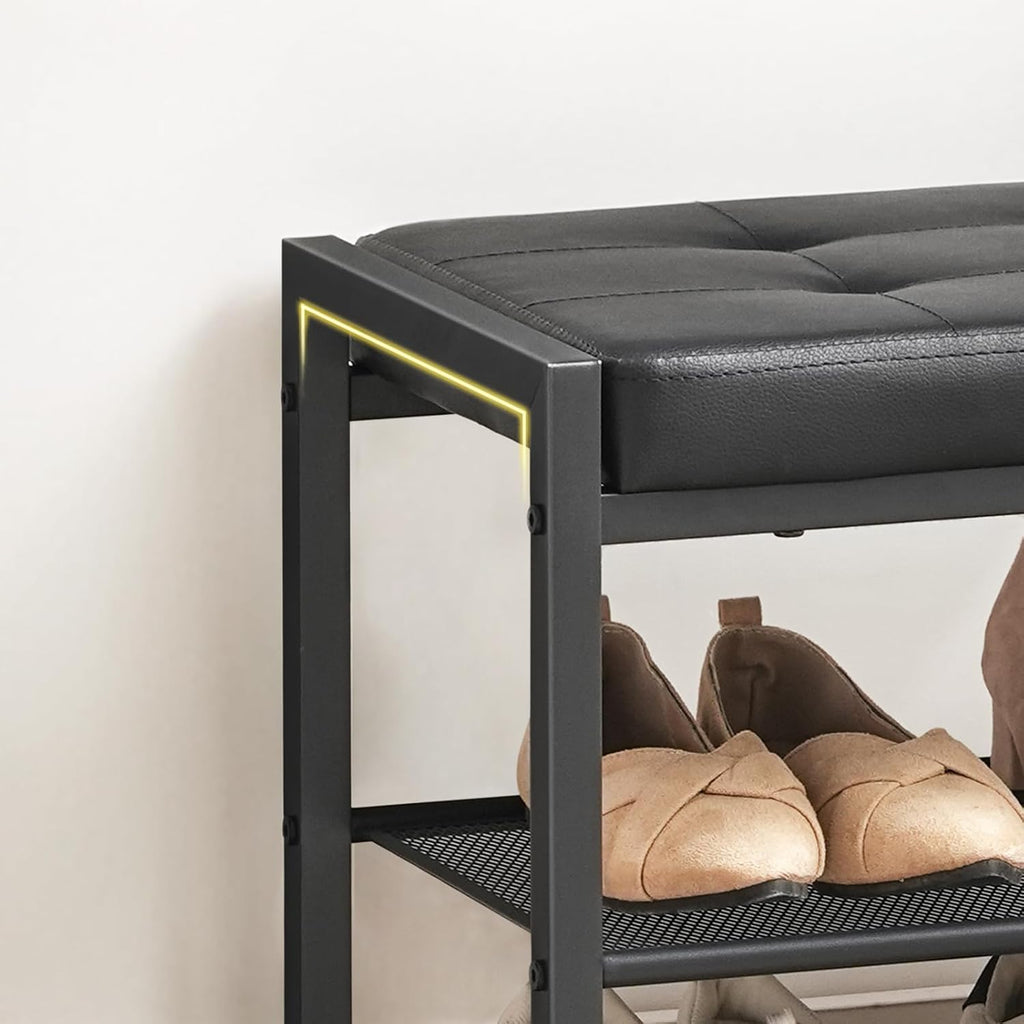 HOOBRO Small Shoe Bench, 3-Tier Shoe Rack, Shoe Storage Bench with PU Seat Cushion, Entryway Shoe Rack Bench with Metal Mesh Shelves, Freestanding Shoe Organizer for Hallway, Black BB33HX01