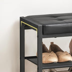 HOOBRO Small Shoe Bench, 3-Tier Shoe Rack, Shoe Storage Bench with PU Seat Cushion, Entryway Shoe Rack Bench with Metal Mesh Shelves, Freestanding Shoe Organizer for Hallway, Black BB33HX01