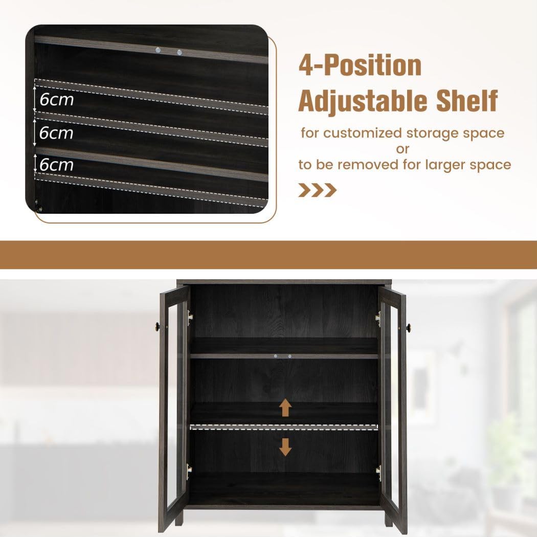 TANGZON Tall Kitchen Cupboard, Wooden Storage Sideboard with Adjustable Shelf, Glass Holder, Tempered Glass Door & Anti-toppling Device, Freestanding Pantry Cabinet Organiser for Dining Living Room