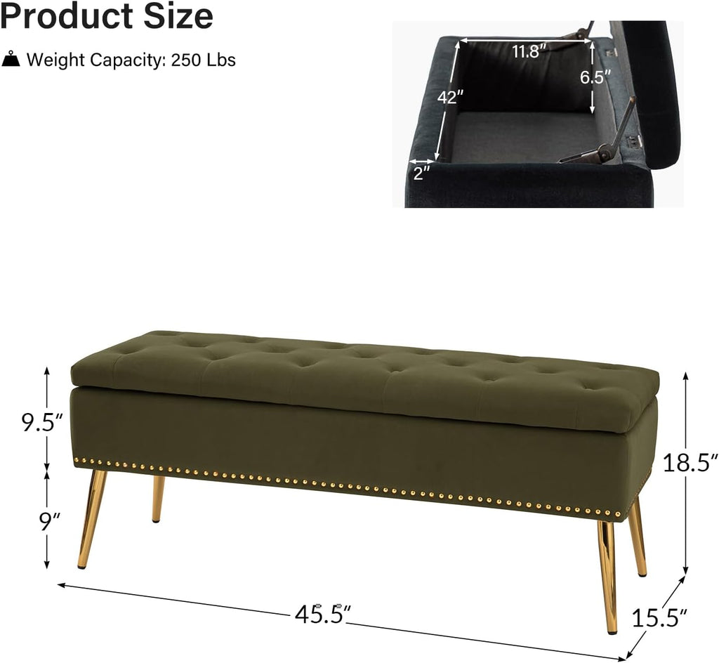 HULALA HOME Modern Velvet Storage Ottoman Bench with Gold Base & Nailhead Trim, Upholstered Bedroom Bench for End of Bed, Button-Tufted Footstool for Entryway Living Room Dining Room, Moss