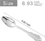 WDF 100 Piece Silver Plastic Spoons Disposable - 6.93 Inch Baroque Silver Silverware for Dessert Cake - Heavy Duty Plastic Spoons for Christmas Party, Wedding or Daily Using
