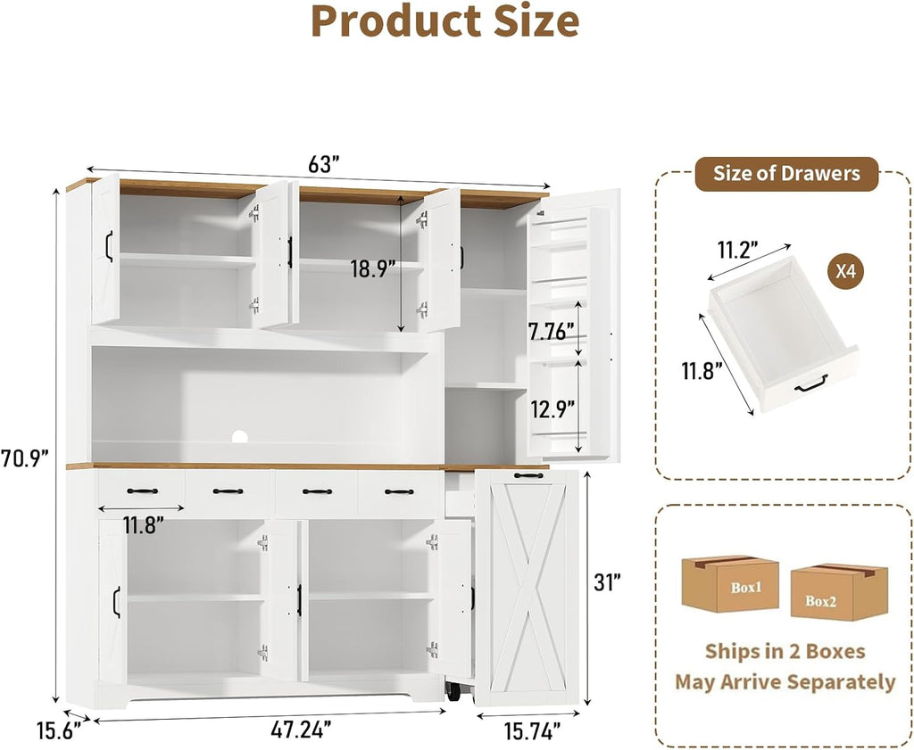 70.9" Tall Farmhouse Pantry Cabinet with Pull-Out Storage Cart & LED Lights, Large Kitchen Hutch with Charging Station, 9 Doors 4 Drawers Adjustable Shelves for Dining Living Room, White