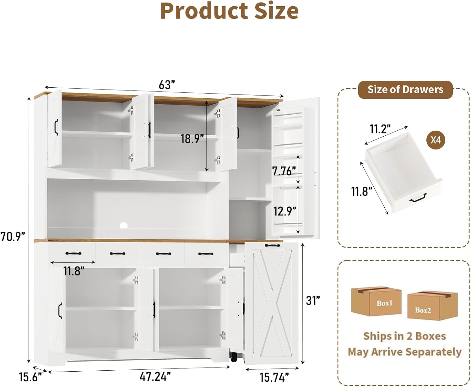 70.9" Tall Farmhouse Pantry Cabinet with Pull-Out Storage Cart & LED Lights, Large Kitchen Hutch with Charging Station, 9 Doors 4 Drawers Adjustable Shelves for Dining Living Room, White