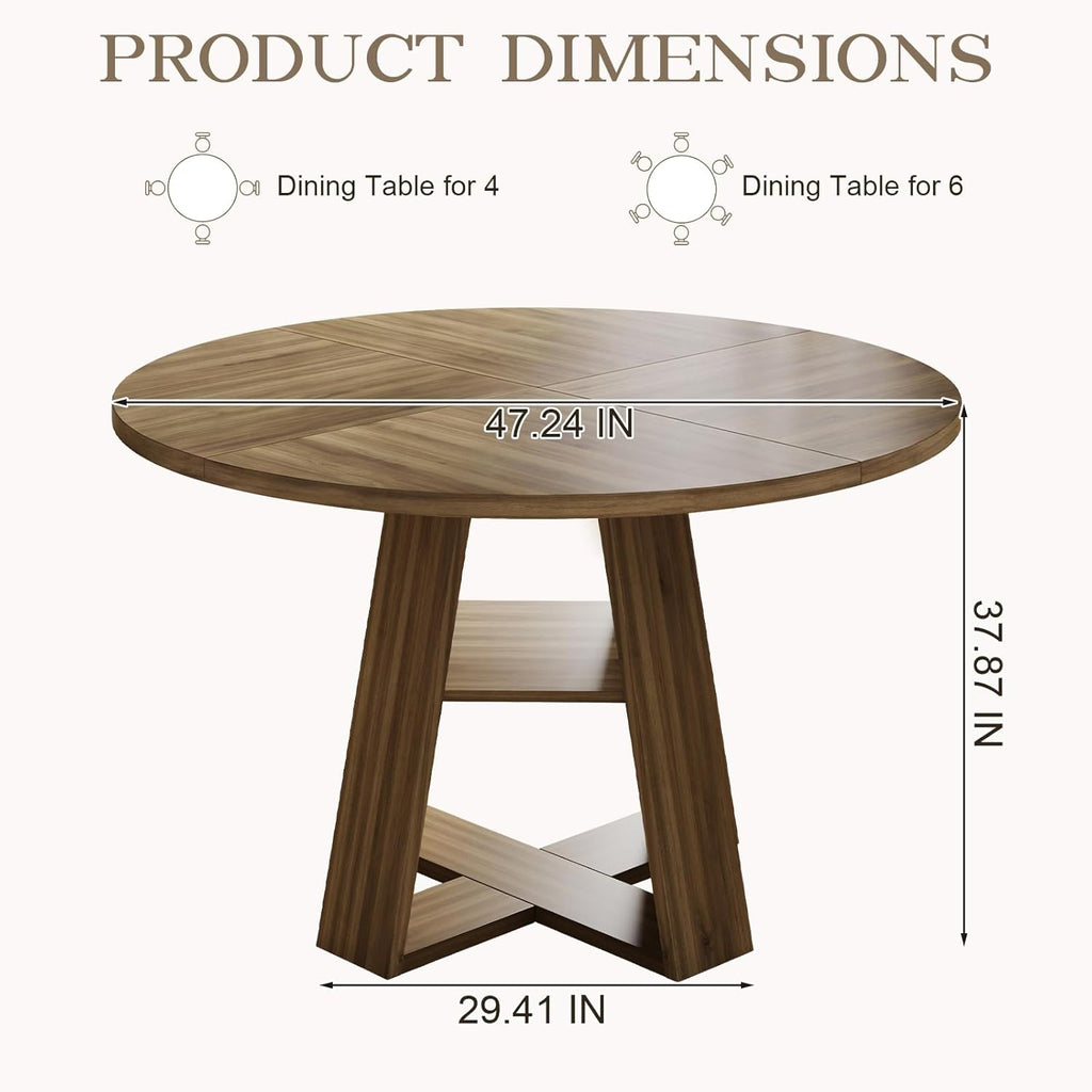 47.2" Round Dining Table for 4-6, Circle Kitchen Table with Open Storage Shelf, Farmhouse Dinner Table with Cross Pedestal Base for Dining Room, Kitchen, Living Room, Walnut