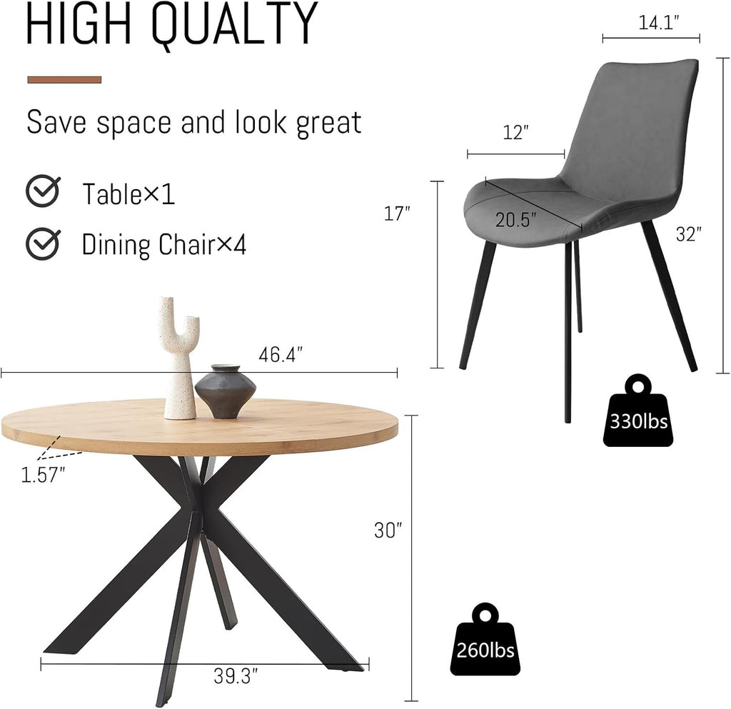 Zerifevni 46.4" Round Dining Table Set, Mid Century Modern Round Dining Table for 4-6 Person, w/Steel Legs, Coffee Table for Kitchen Dining Room, Office, Save Space