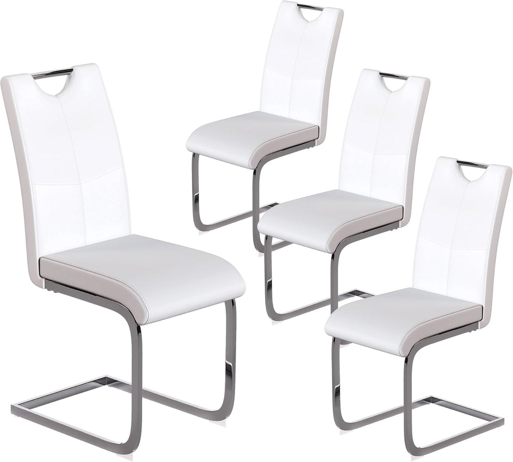 Off-White Dining Chairs Set of 4, Modern High Back with Faux Leather Padded Kitchen Chair for Dining Room, Kitchen (4, White with Silver Hoop Leg)