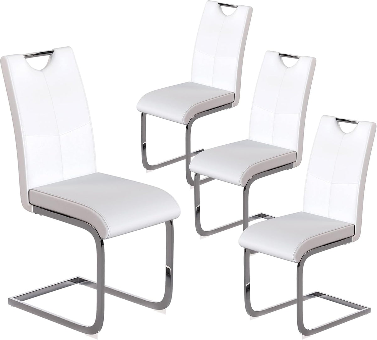 Off-White Dining Chairs Set of 4, Modern High Back with Faux Leather Padded Kitchen Chair for Dining Room, Kitchen (4, White with Silver Hoop Leg)