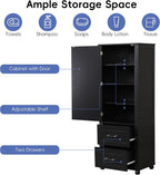 Merax 61.4" Pantry Cabinet with One Door & Two Drawers, Adjustable Shelves Storage Cupboard for Kitchen/Dining Room/Bathroom, Soild Wood Legs, Black
