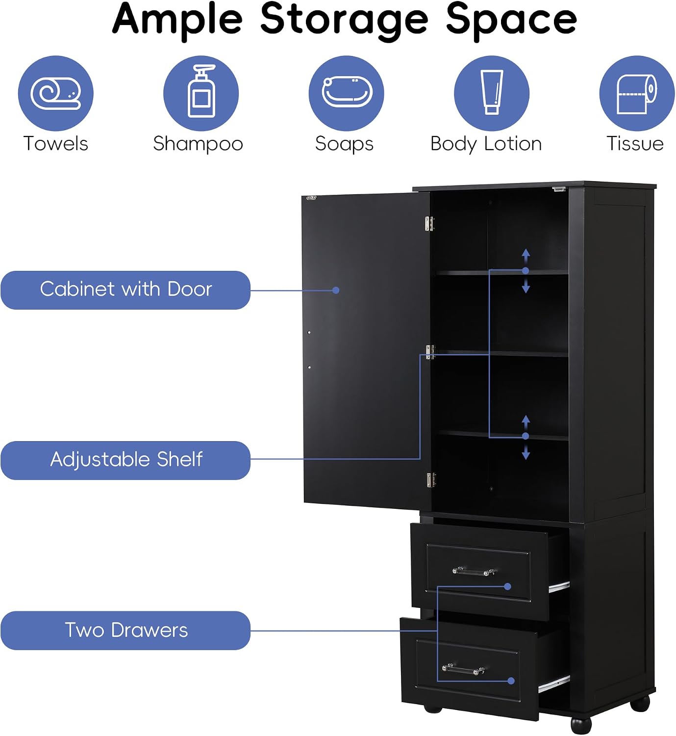Merax 61.4" Pantry Cabinet with One Door & Two Drawers, Adjustable Shelves Storage Cupboard for Kitchen/Dining Room/Bathroom, Soild Wood Legs, Black