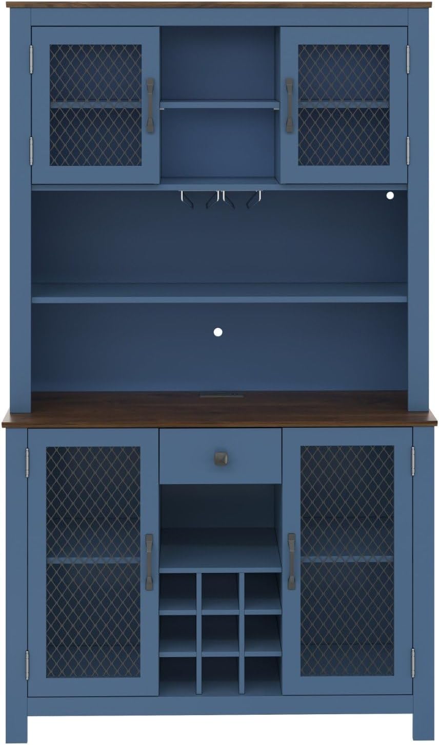 70.9" Kitchen Pantry Cabinet with LED Lights, Rustic Farmhouse Buffet Hutch with Wine Rack, Storage Cabinet with USB Charging Station, Coffee Bar Cabinet for Dining Room