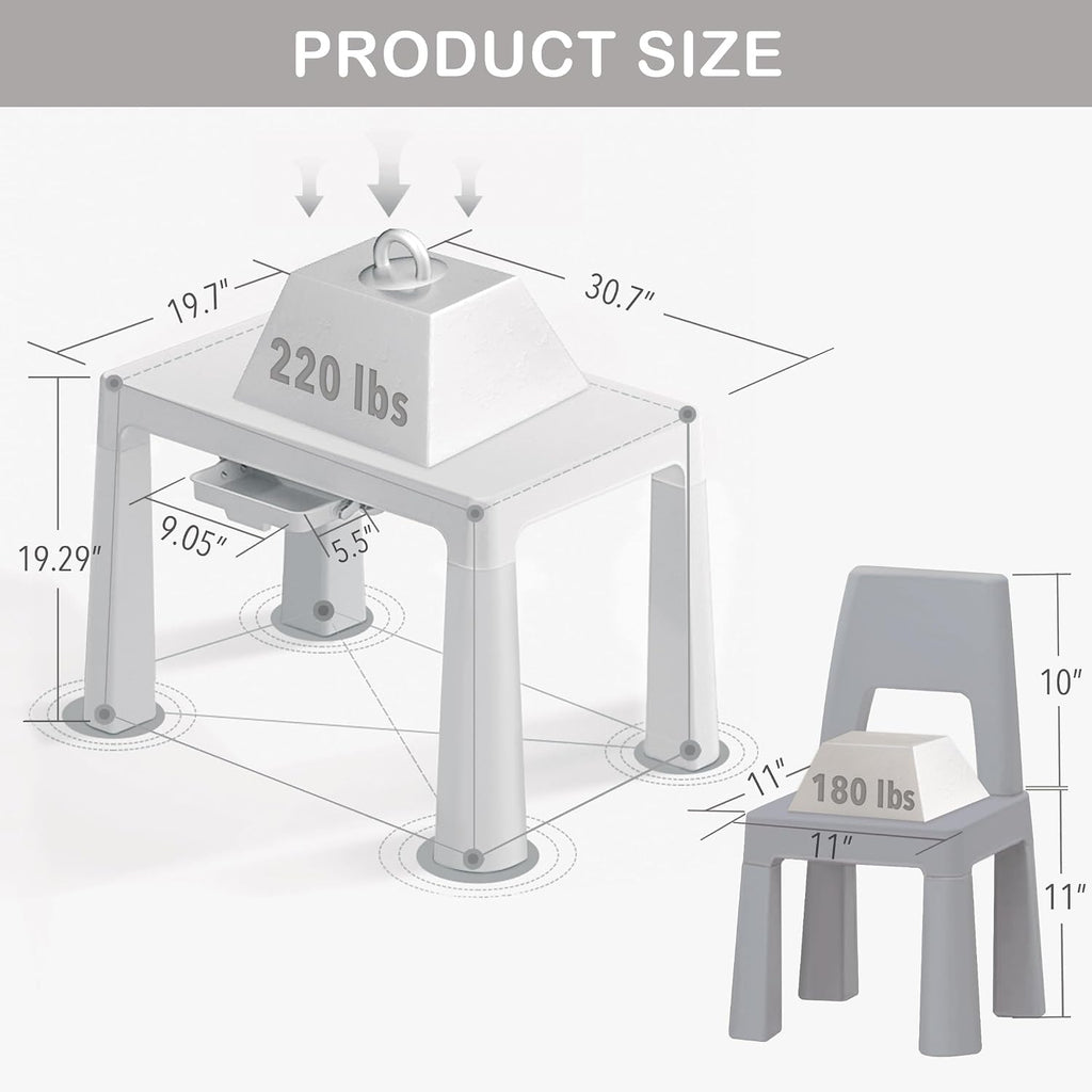 Little Twig 3-Piece Height Adjustable Kids Table and Chairs Set – Built-in Storage Drawers, Modern Design, Easy to Clean, Perfect for Eating, Activities, or Studying (Gray)