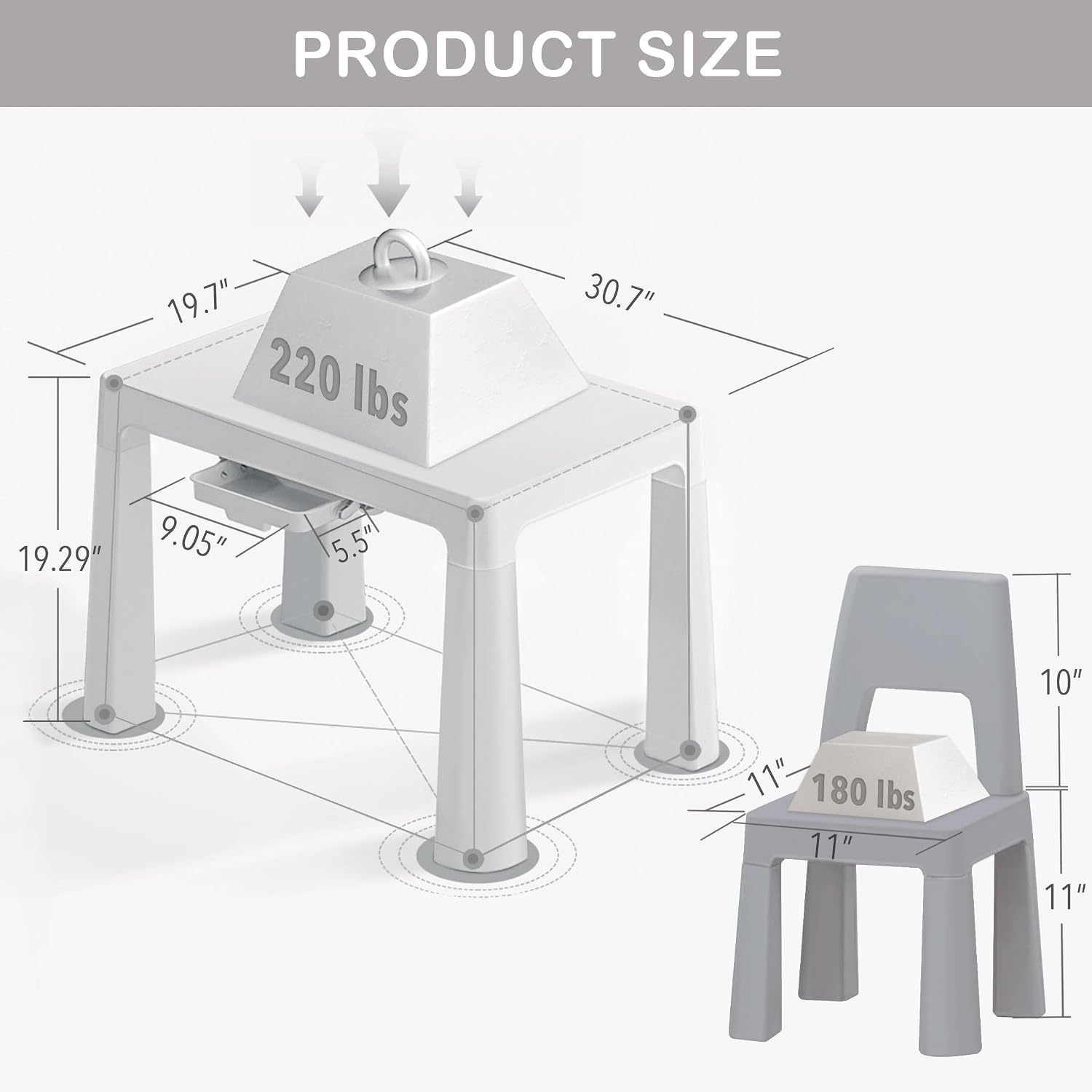 Little Twig 3-Piece Height Adjustable Kids Table and Chairs Set – Built-in Storage Drawers, Modern Design, Easy to Clean, Perfect for Eating, Activities, or Studying (Gray)