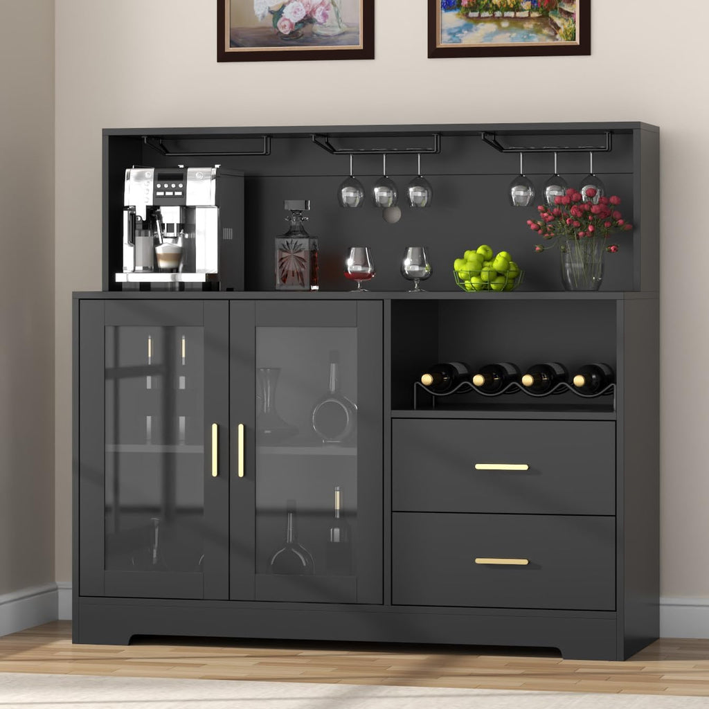 Bar Cabinet for Home with LED Light,Coffee Bar Cabinet w/ Wine & Glass Rack | Wine Cabinets with Drawers & Microwave Stand, Modern Liquor Cabinets for Kitchen, Living Room, Dining Room (Black)