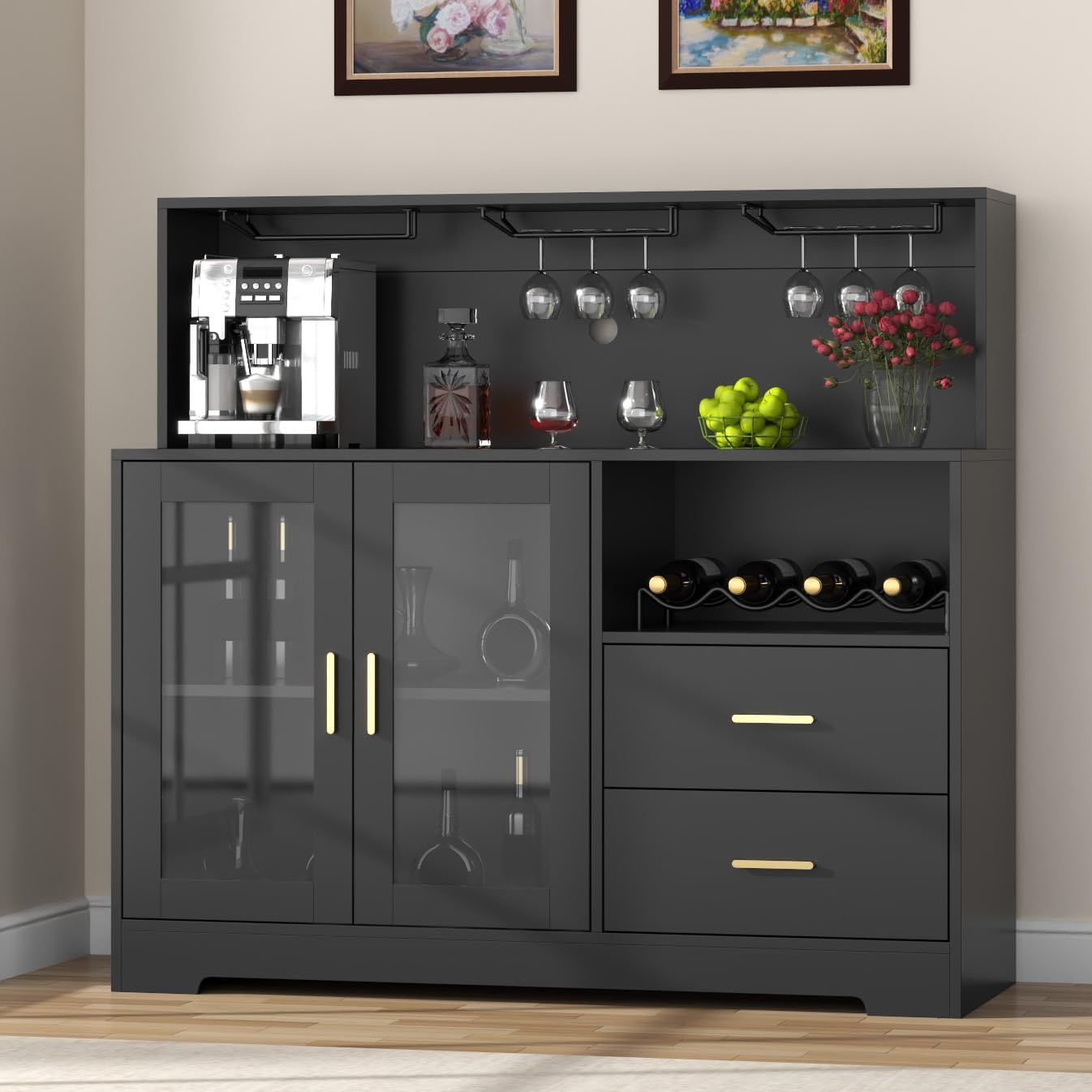 Bar Cabinet for Home with LED Light,Coffee Bar Cabinet w/ Wine & Glass Rack | Wine Cabinets with Drawers & Microwave Stand, Modern Liquor Cabinets for Kitchen, Living Room, Dining Room (Black)