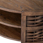 Pemberly Row 3 Piece Living Room Table Set, Rubberwood and Oak Veneer, Coffee Brown Finish, Includes Oval Cocktail Table with Casters and 2 Round End Tables, Basketweave Design, Shelves, Contemporary