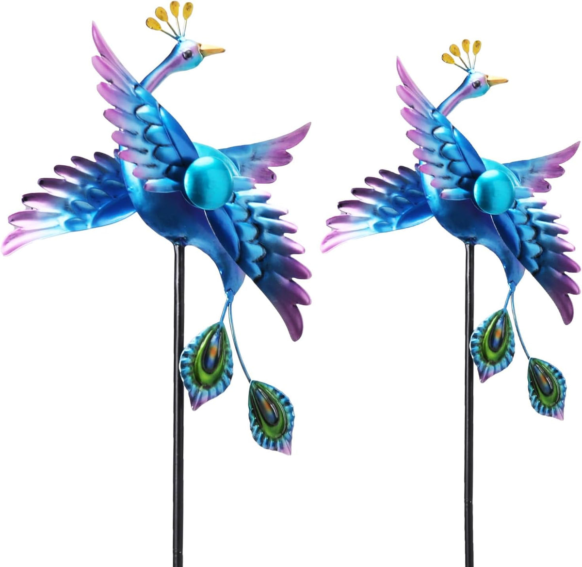 WONDER GARDEN Wind Spinners Outdoor - 2 Pack Small Metal Blue Peacock Wind Spinner Windmill, Wind Sculpture for Yard Patio Lawn Decor
