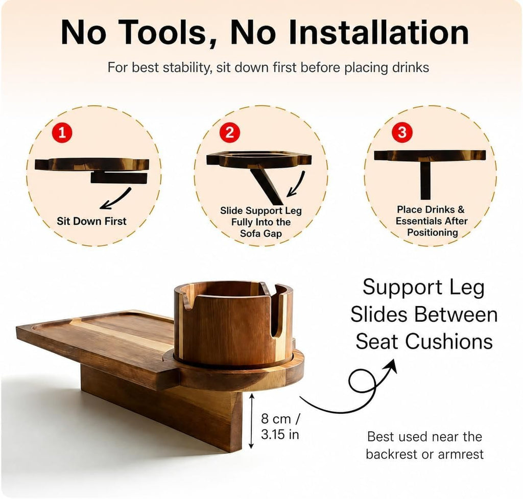 Solid Acacia Wood Couch Cup Holder Tray for Sofa Gap, 3-in-1 Couch Caddy with 360° Rotating Cup Holder, Couch Tray Alternative for Firm Cushions, Snacks, Remote & Phone