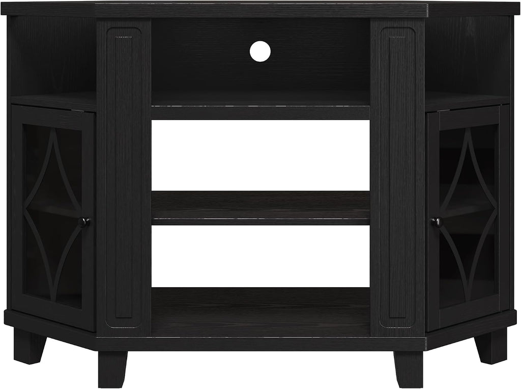 RoyalCraft Corner TV Stand for TVs up to 55 Inch: Corner Tall Entertainment Center with Storage, Modern Wood Media Console Cabinet for Living Room, Bedroom, Satin Black
