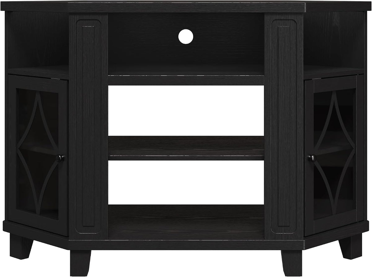 RoyalCraft Corner TV Stand for TVs up to 55 Inch: Corner Tall Entertainment Center with Storage, Modern Wood Media Console Cabinet for Living Room, Bedroom, Satin Black