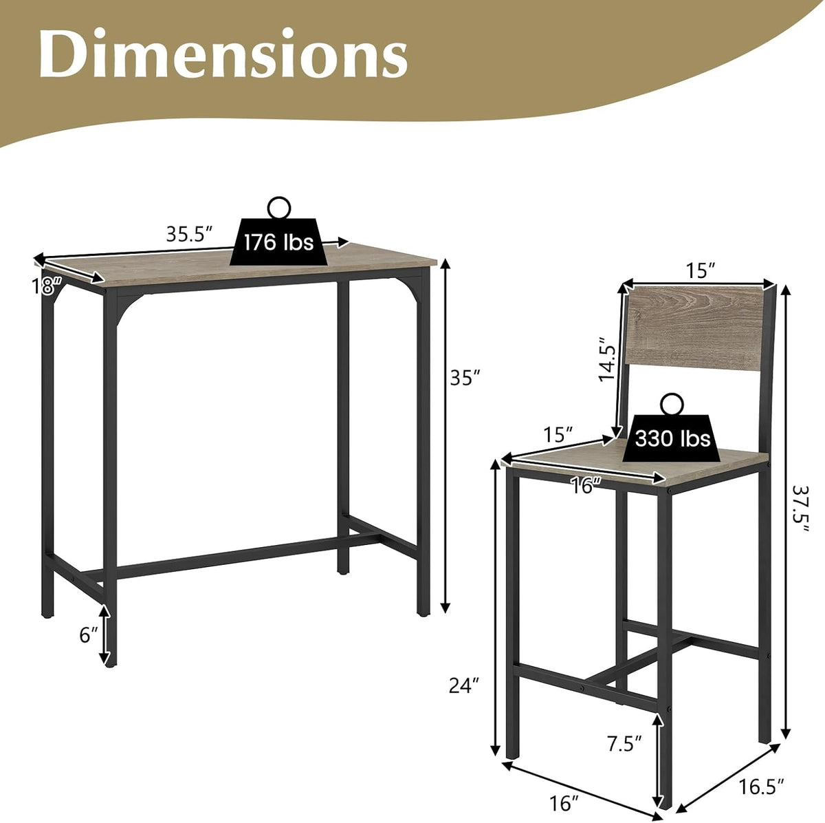 GOFLAME 3-Piece Bar Table Set, Counter Height Pub Table & 2 Barstools with Metal Frame, Industrial Space Saving Dining Set for Kitchen, Dining Room, Bistro, Restaurant, Small Space, Grey