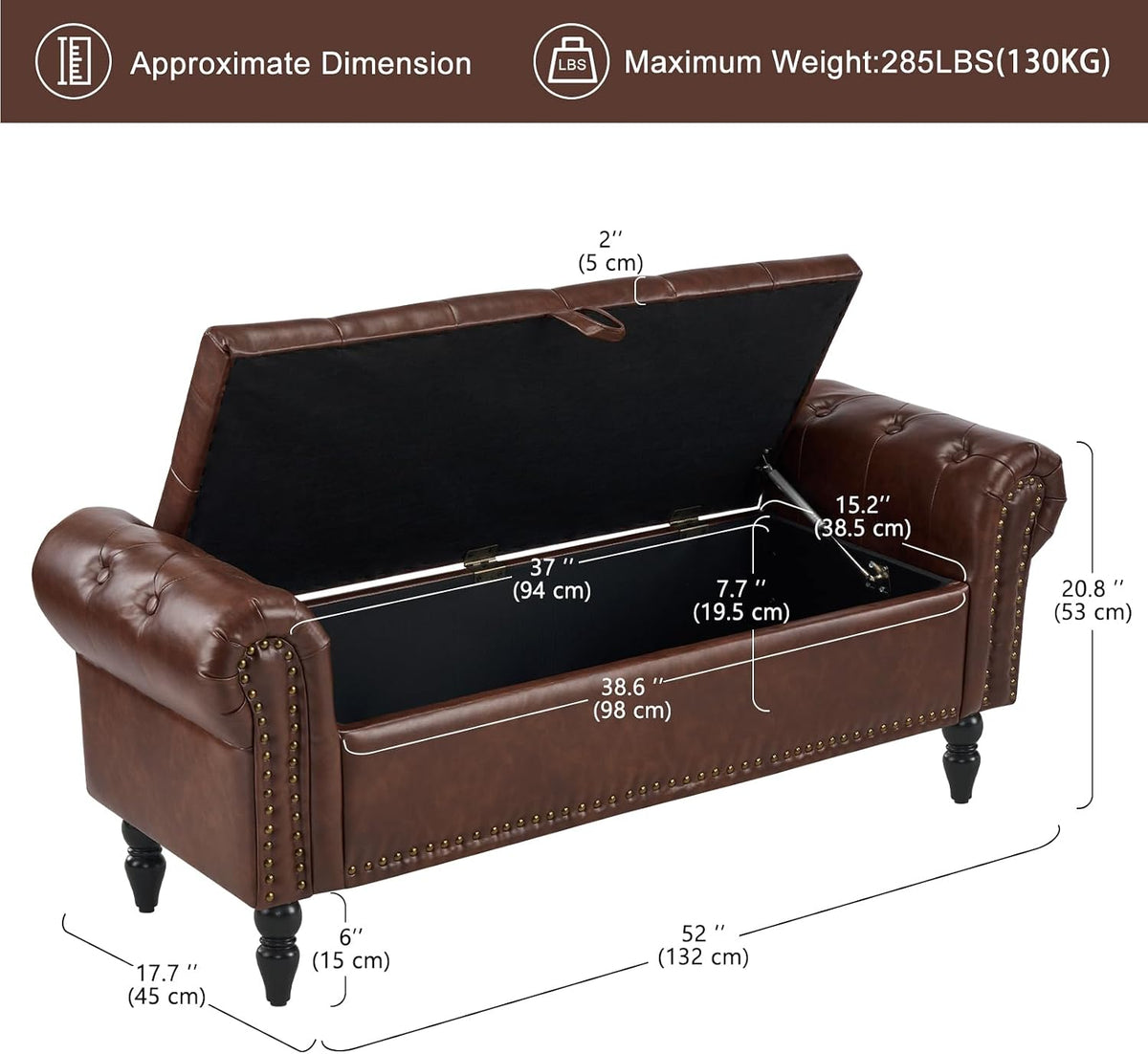 Furniliving 51” End of Bed Storage Bench, Bedroom Bench with Button-Tufted, Upholstered Storage Ottoman Benches Window Bench with Storage, Leather Bench for Living Room, Entryway, PU, Darkbrown