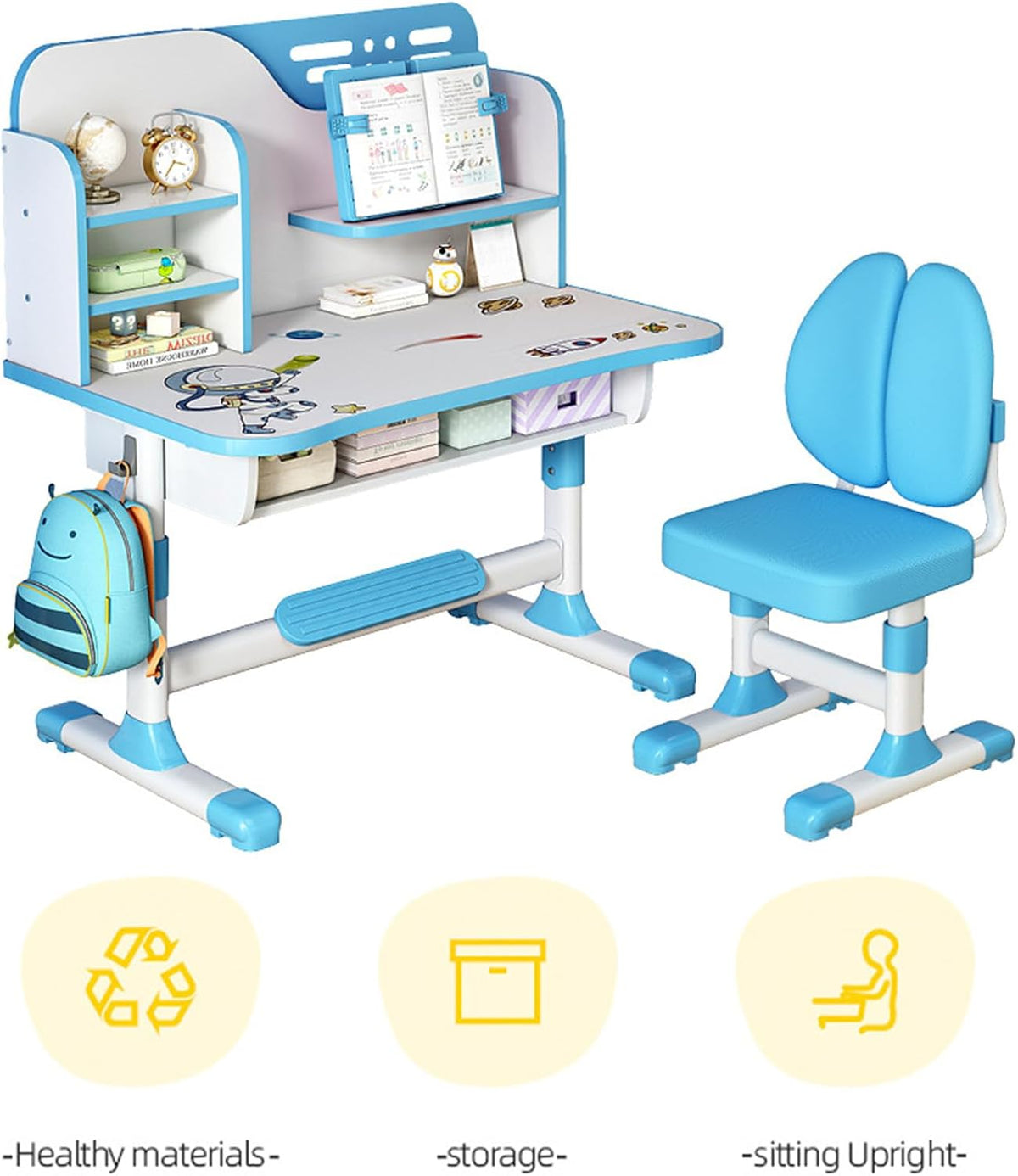 Kids Desk and Chair Set for 3-12, Adjustable Height Study Table Chair with Storage Drawers, Bookstand, Widened Desktop, Ergonomic Desk Chairs for Boys Girls (Blue1)