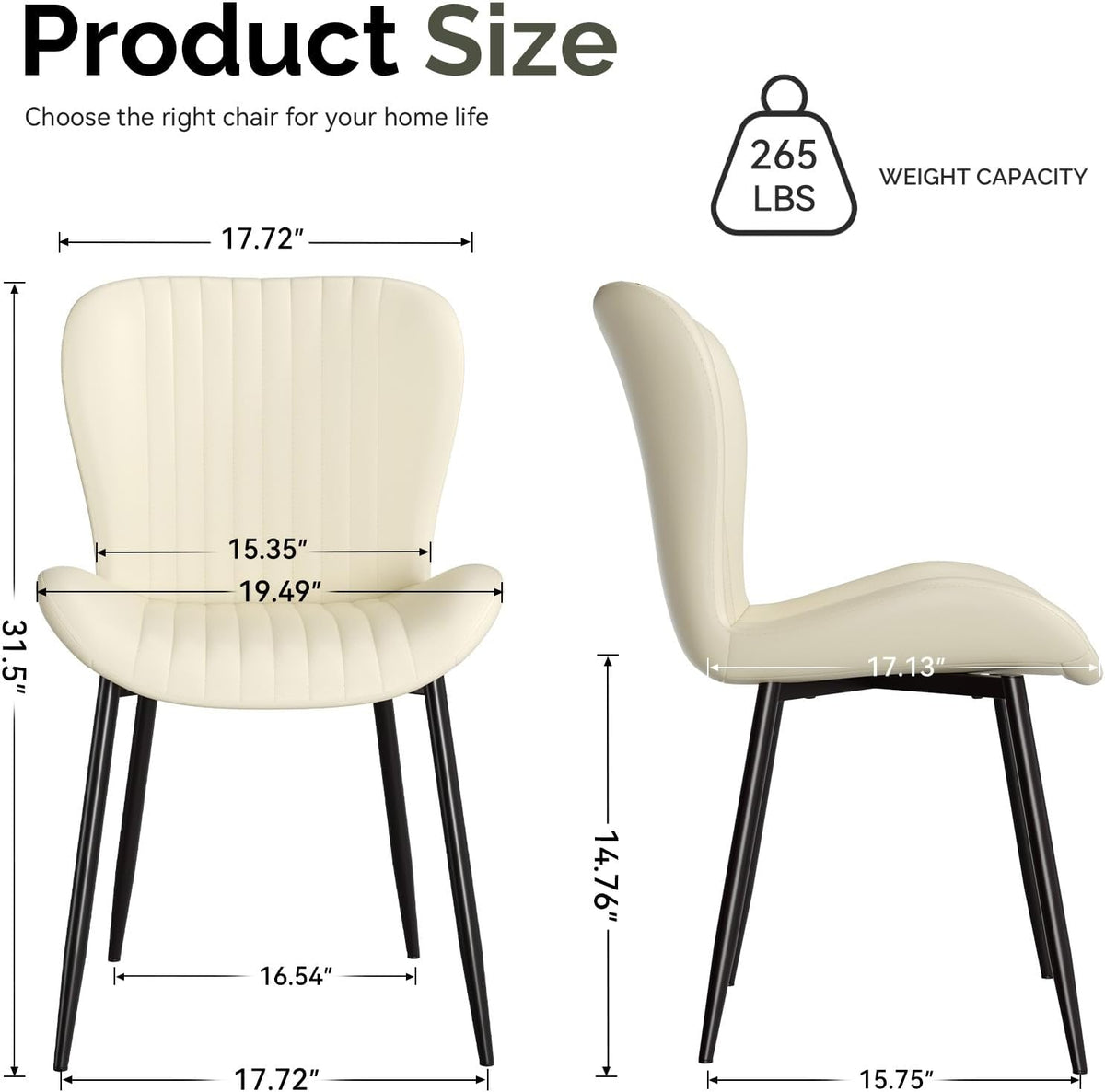Upholstered Dining Chairs Set of 4 PU Leather Metal Legs Beige | Vertical channel tufting 19" seat height Ergonomic backrest Waterproof PU leather Sturdy metal frame