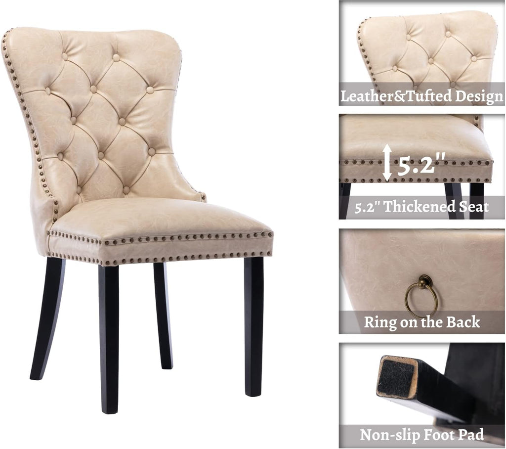 EALSON Modern Dining Chairs Set of 8 Mid Century Leather Dining Room Chairs with Wood Legs Tufted Upholstered Kitchen Side Chairs with Nail Head Trim for Dining Room/Living Room, Beige with Ring